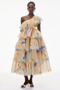 Kulthum Yellow One Shoulder Floral Print Maxi Dress
