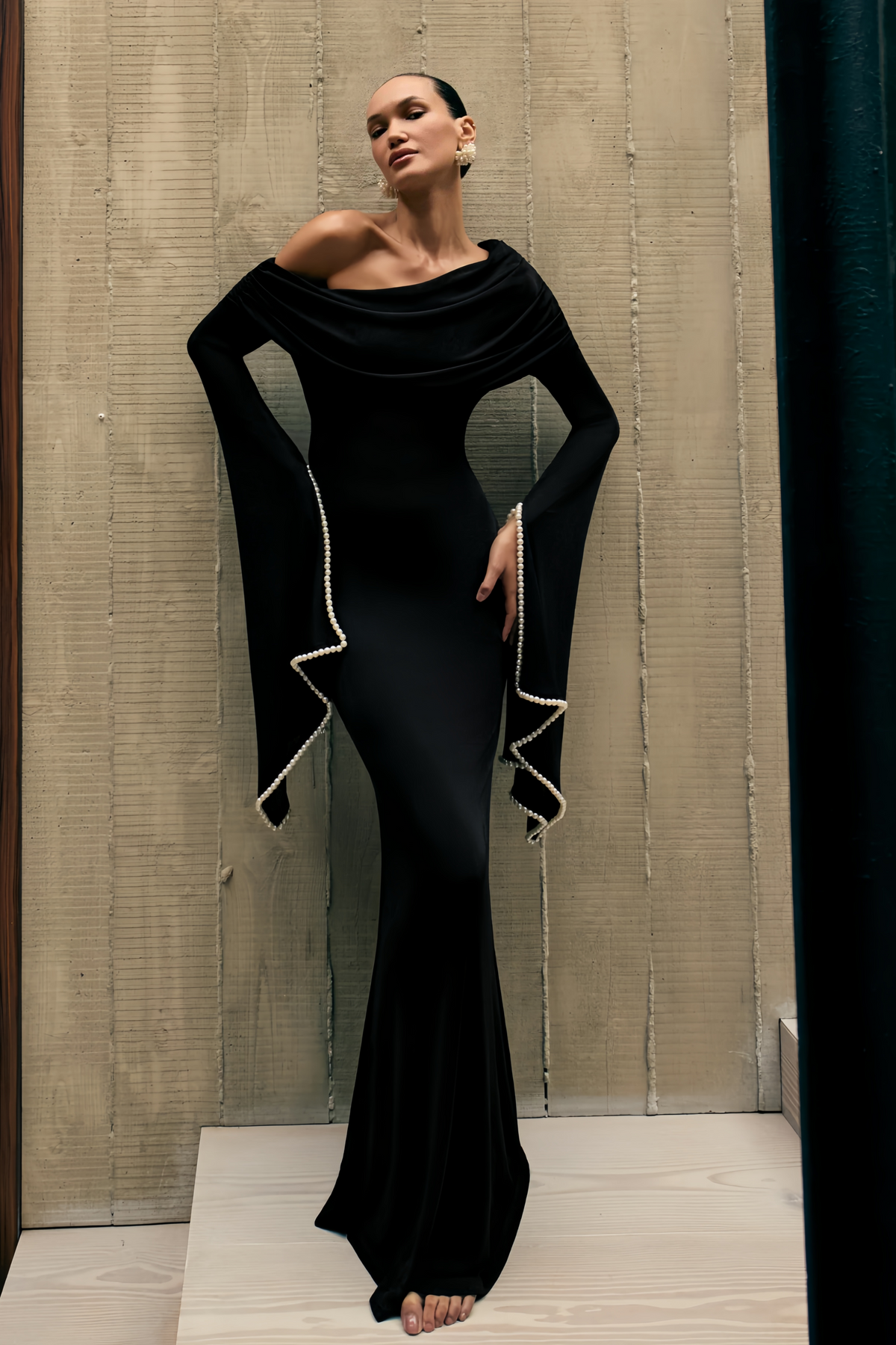 Simona Black One Shoulder Pearl Trim Maxi Gown
