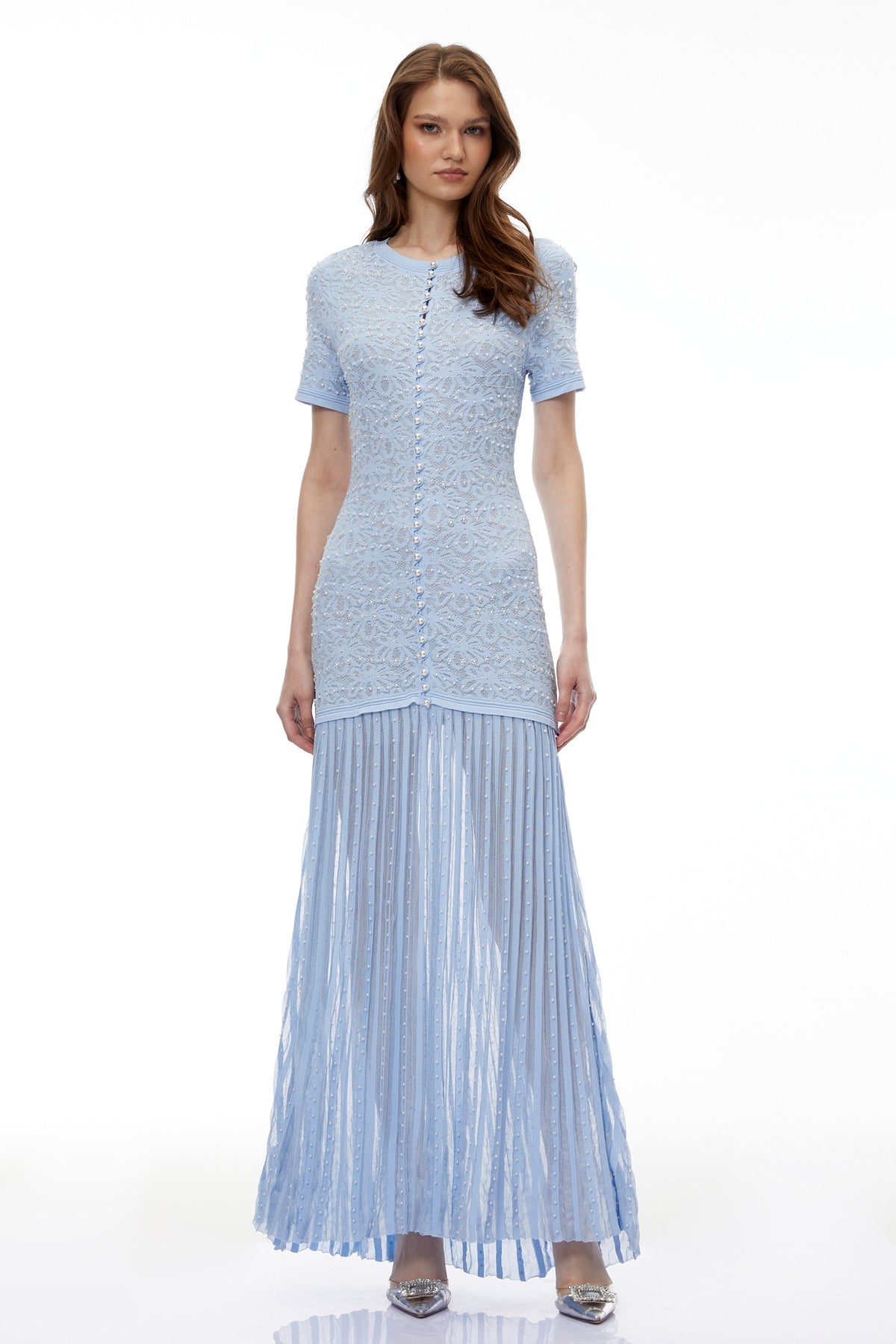 Laleh Blue Embellished Pleated Maxi Dress