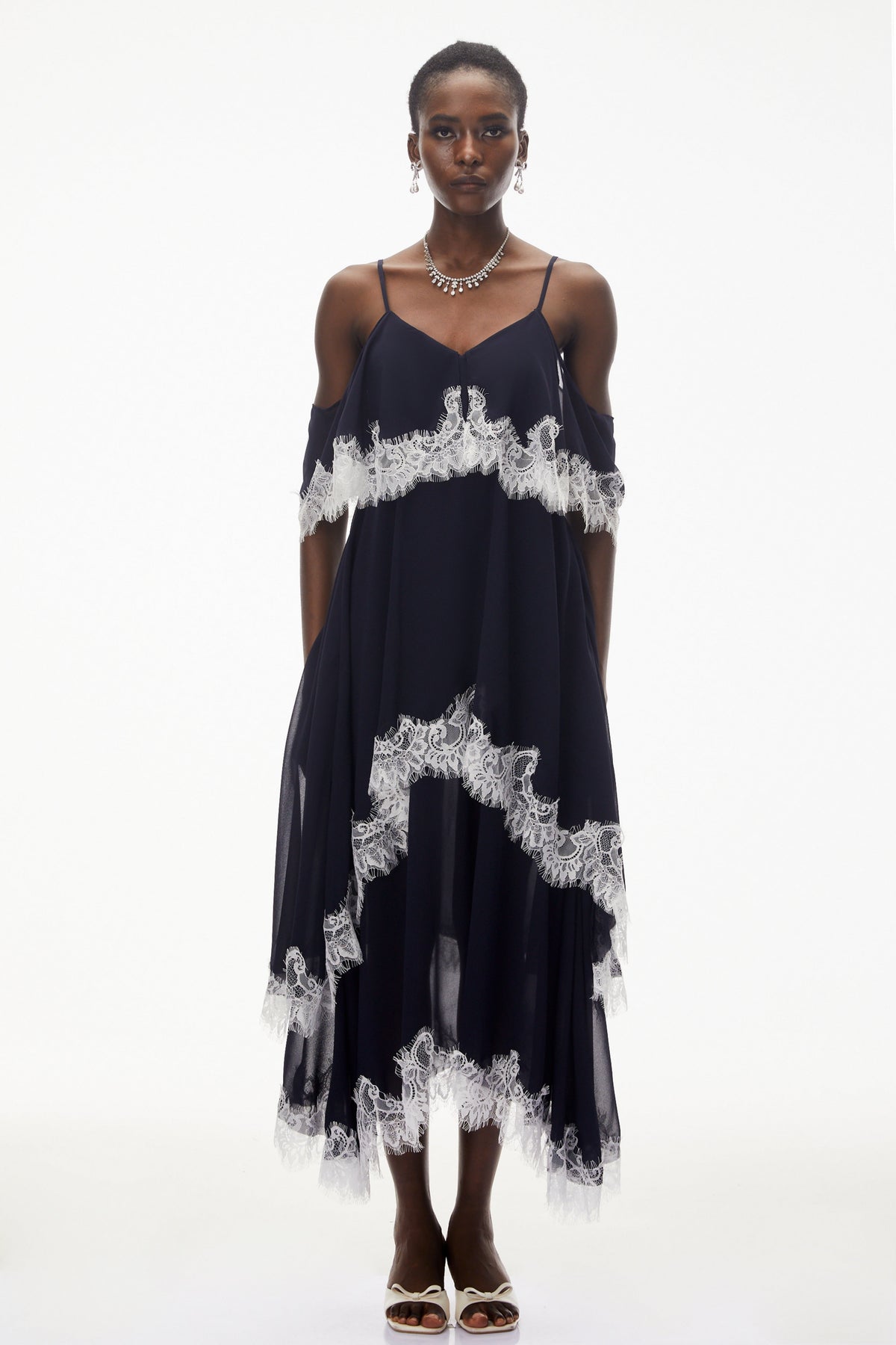 Larysa Navy Tiered Maxi Dress with Lace Trim