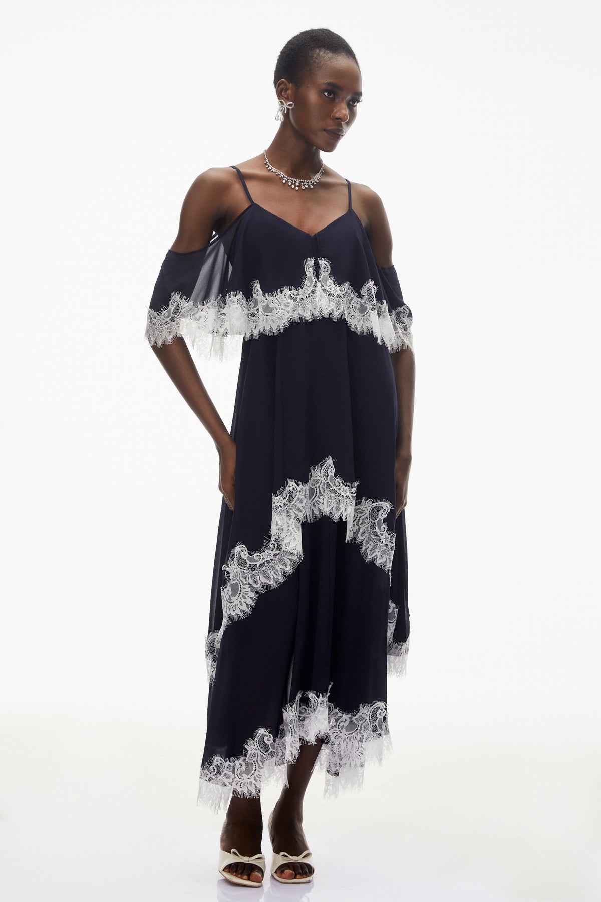 Larysa Navy Tiered Maxi Dress with Lace Trim