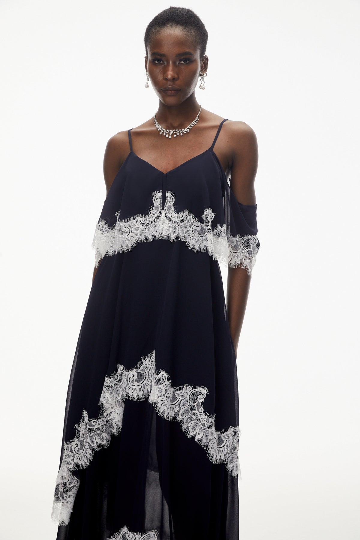 Larysa Navy Tiered Maxi Dress with Lace Trim