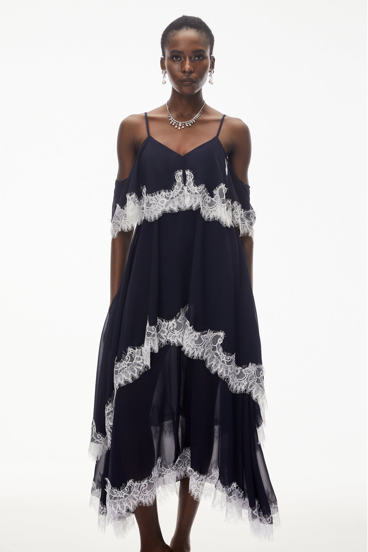 Larysa Navy Tiered Maxi Dress with Lace Trim