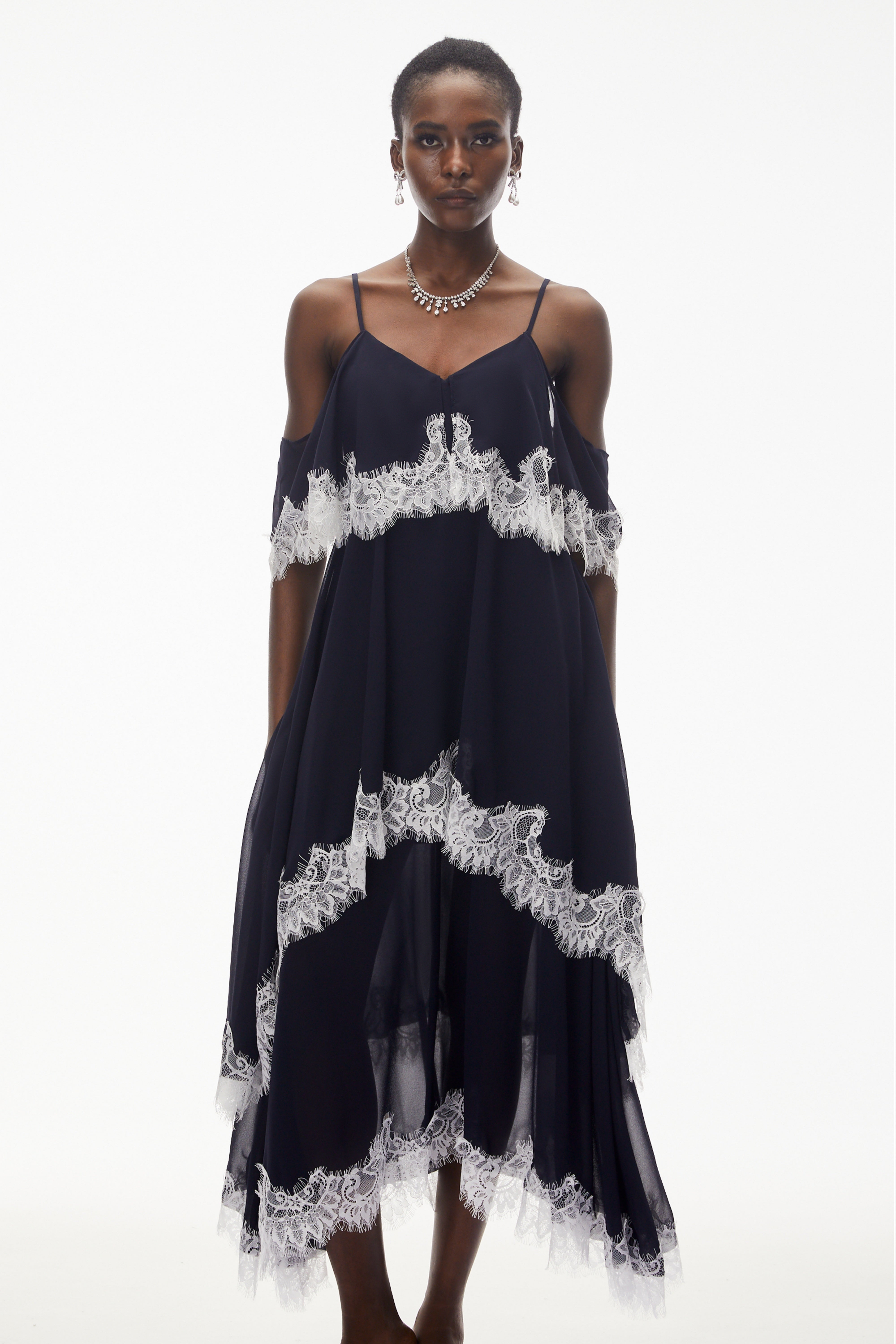Larysa Navy Tiered Maxi Dress with Lace Trim