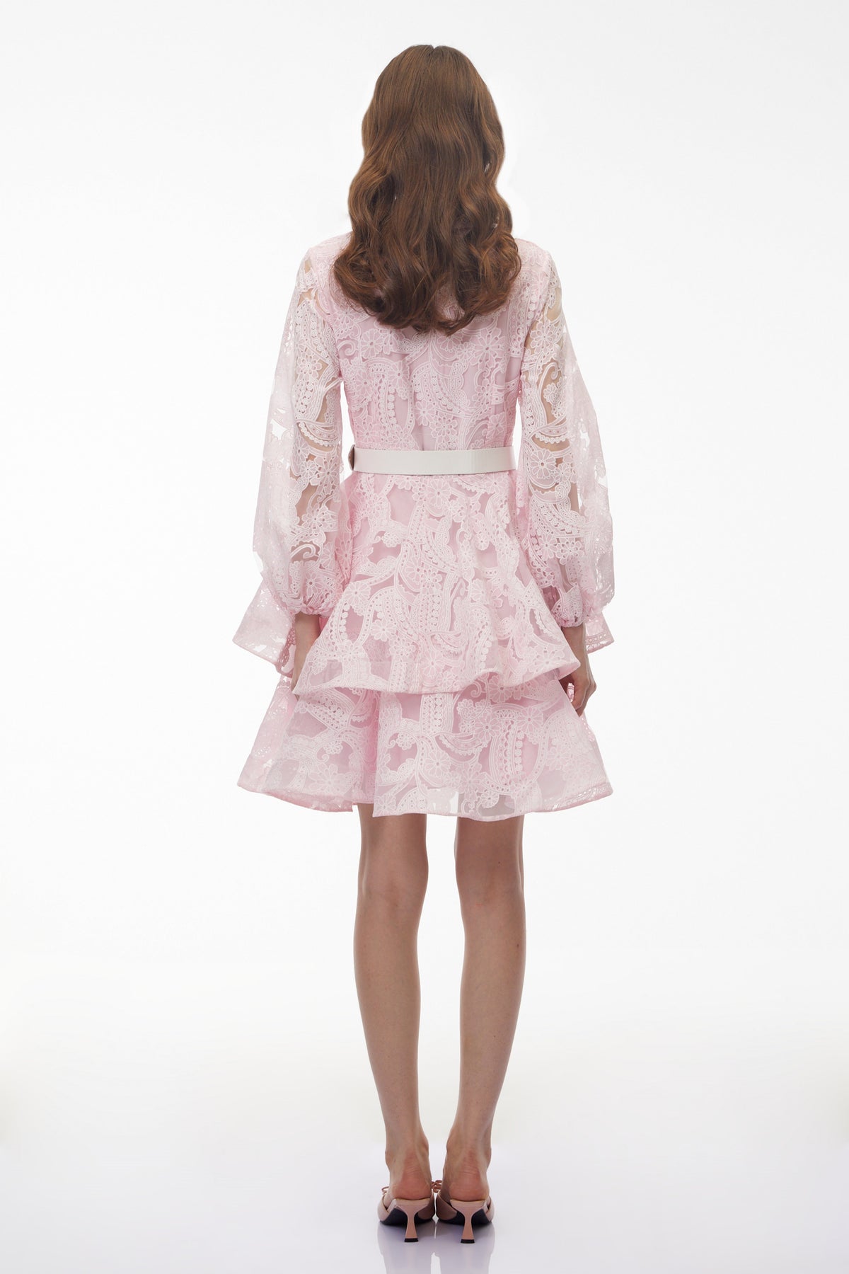 Lavinia Blush Pink Puff Sleeve Tiered Lace Mini Dress
