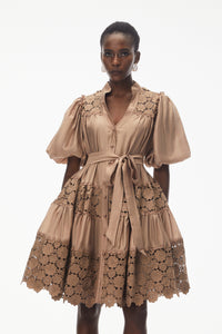 Lavinia Camel Satin Mini Dress with Floral Lace Panels
