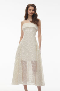 Leah Cream White Weave Design Sequin Midi Dress