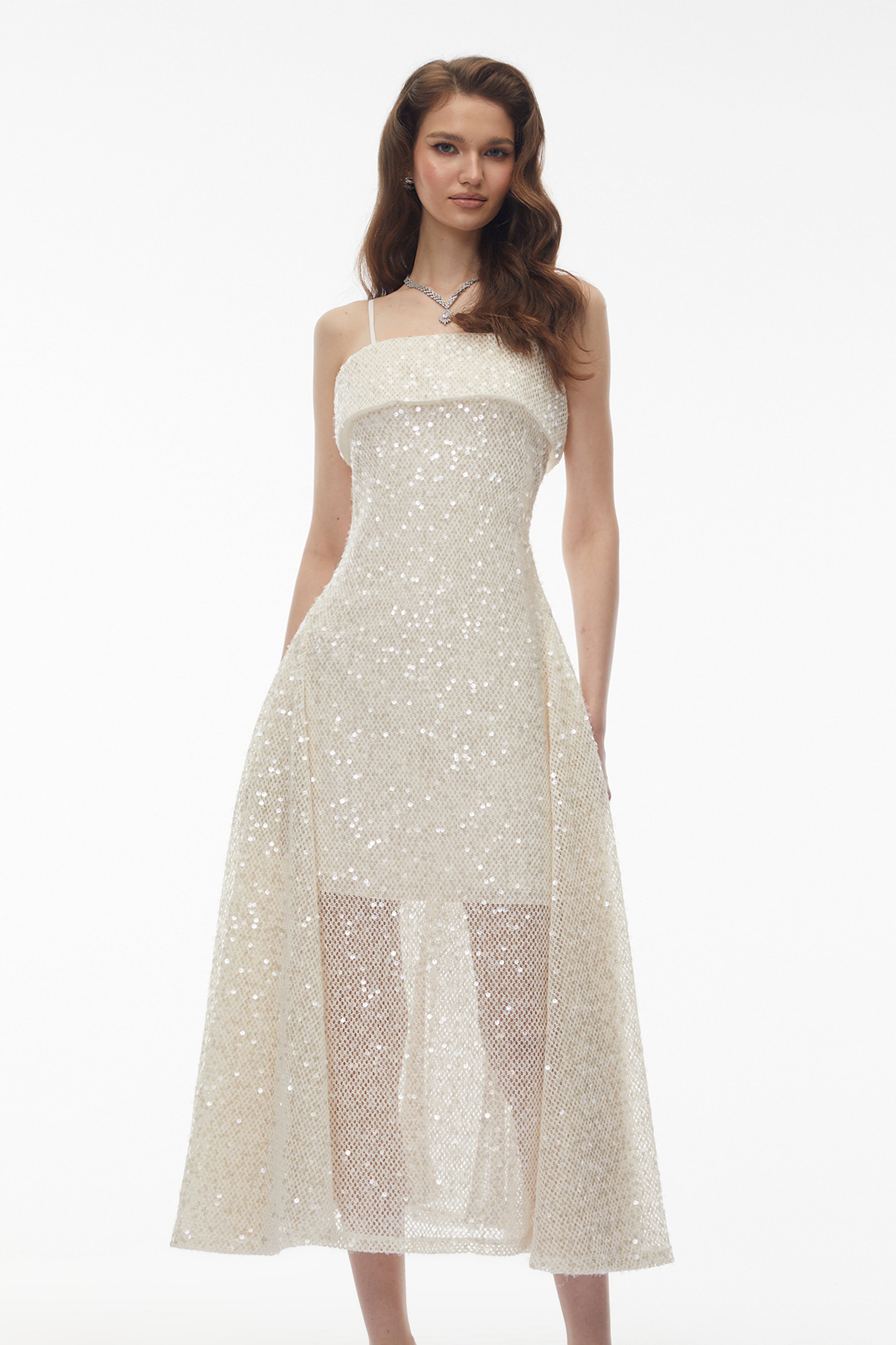 Leah Cream White Weave Design Sequin Midi Dress