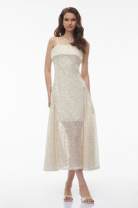 Leah Cream White Weave Design Sequin Midi Dress