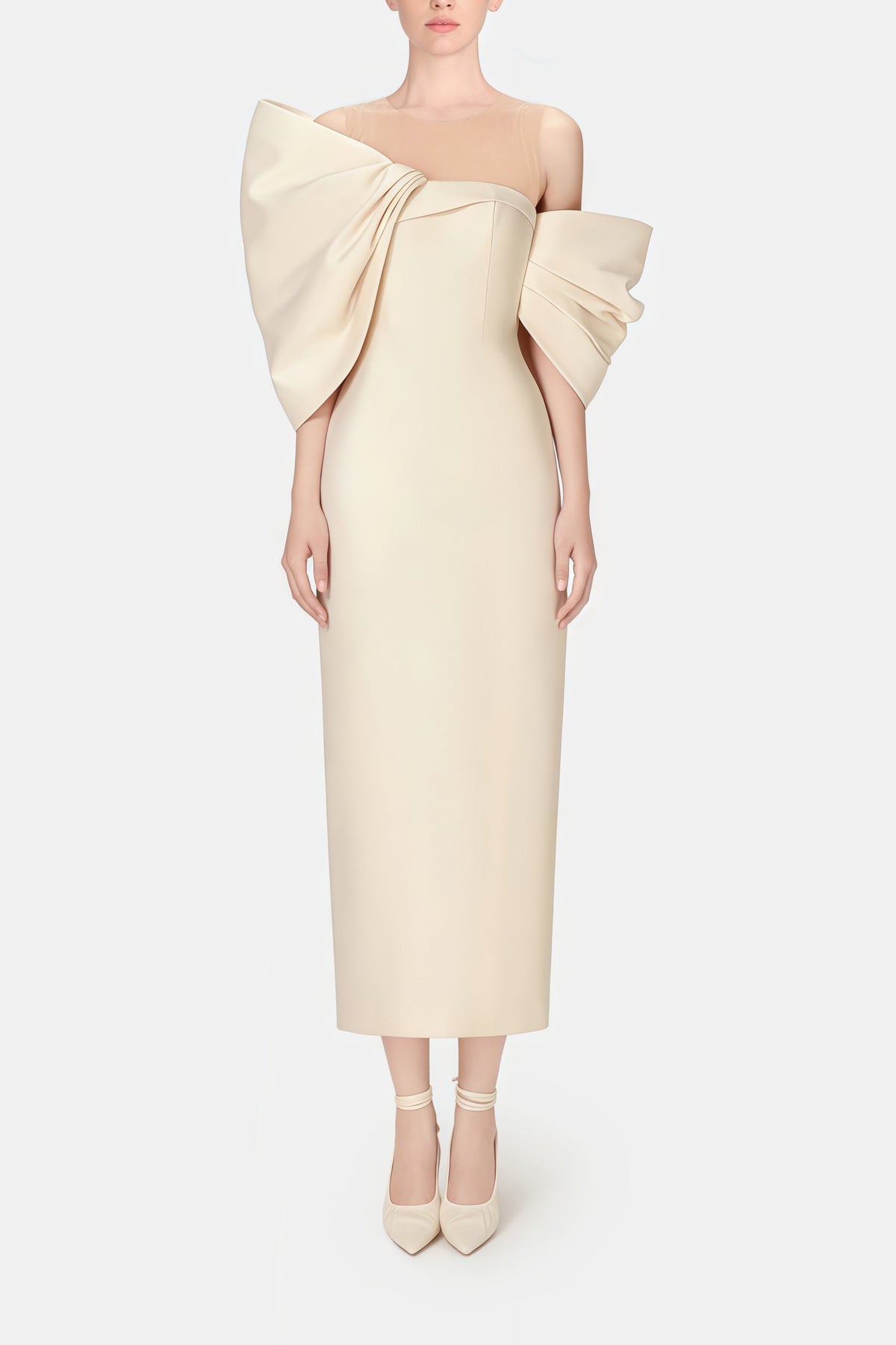 Leire Cream Midi Dress with Asymmetrical Bow Detail