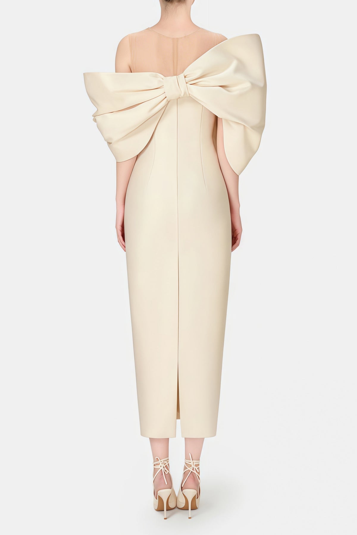 Leire Cream Midi Dress with Asymmetrical Bow Detail