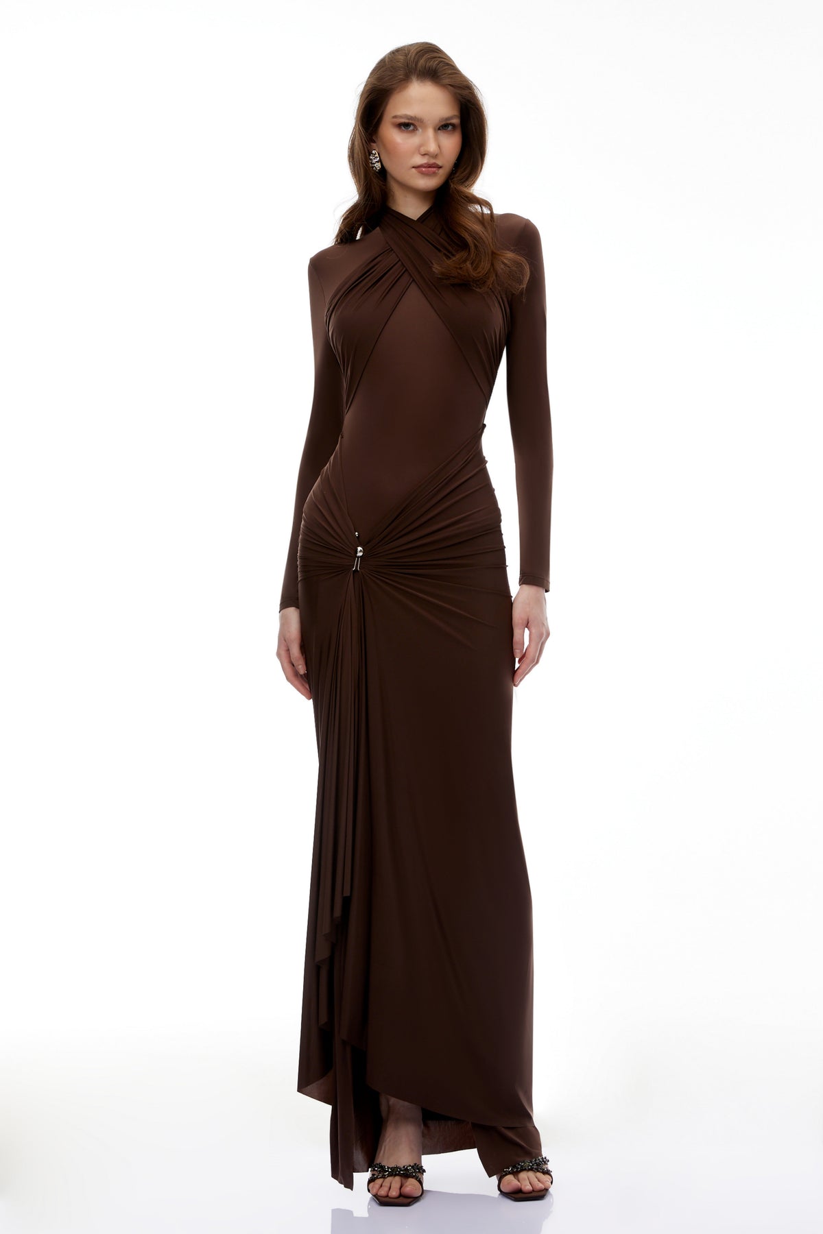 Lena Chocolate Brown Cross Front Maxi Dress