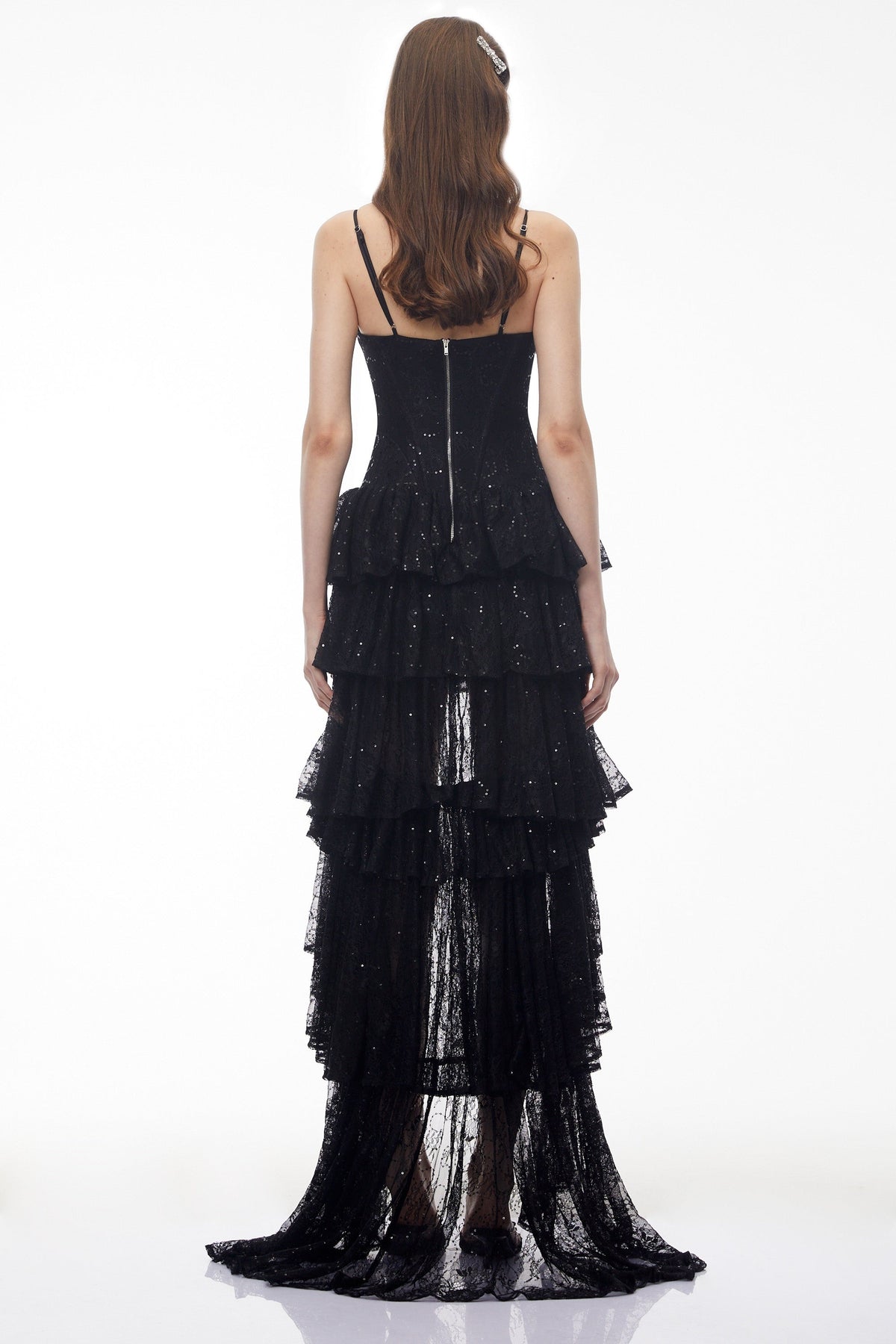 Léonie Black Sequin Maxi Dress with Cut-Outs and Train