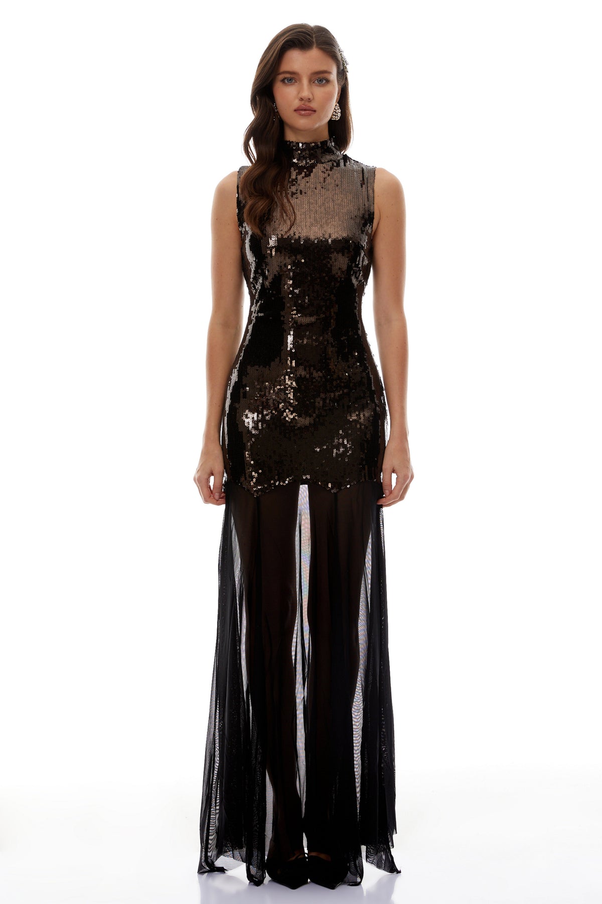 Leopoldina Brown Sequin Maxi Dress with Mesh Panels