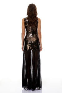 Leopoldina Brown Sequin Maxi Dress with Mesh Panels