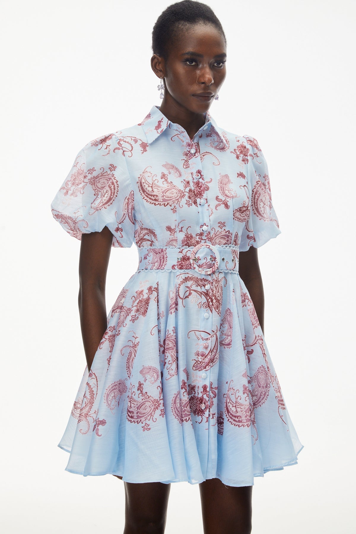 Liat Blue Print Mini Dress with Puff Sleeves