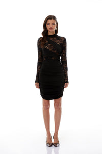 Lidia Black Lace Panel Ruched Mini Dress