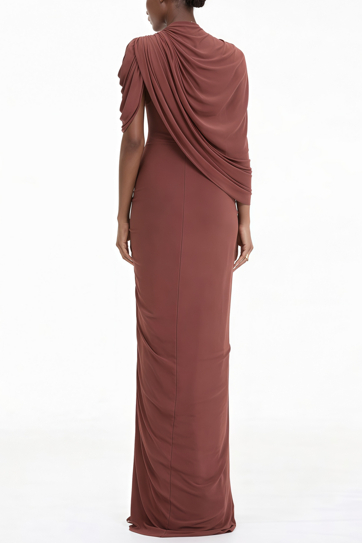 Liliana Brown Asymmetrical Ruched Cape Maxi Dress