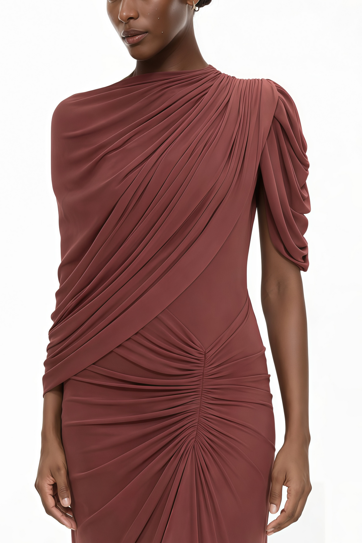Liliana Brown Asymmetrical Ruched Cape Maxi Dress
