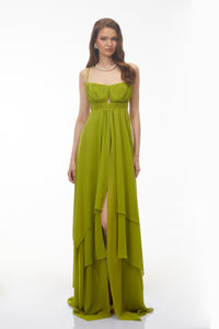 Lilliana Olive Green Tiered Maxi Dress with Cut-Outs