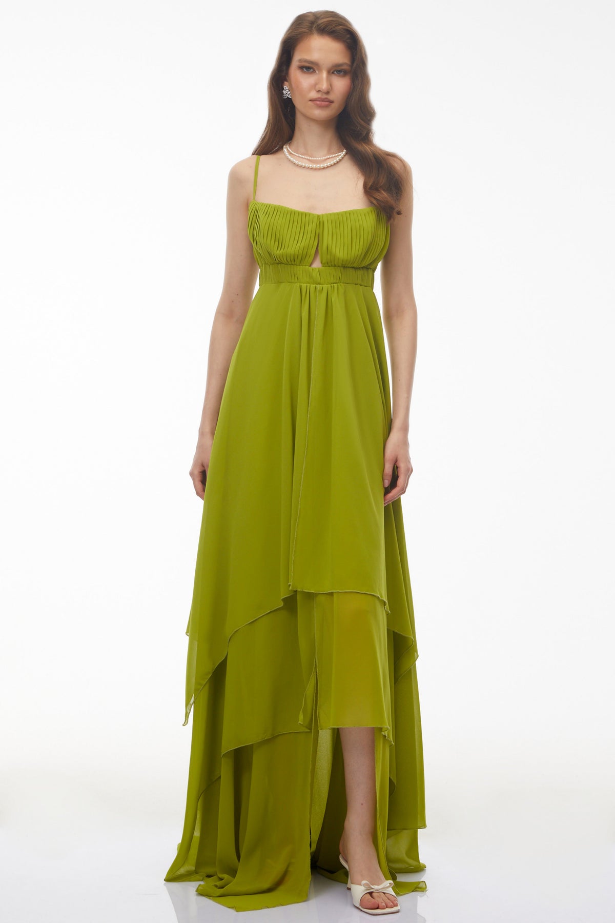Lilliana Olive Green Tiered Maxi Dress with Cut-Outs