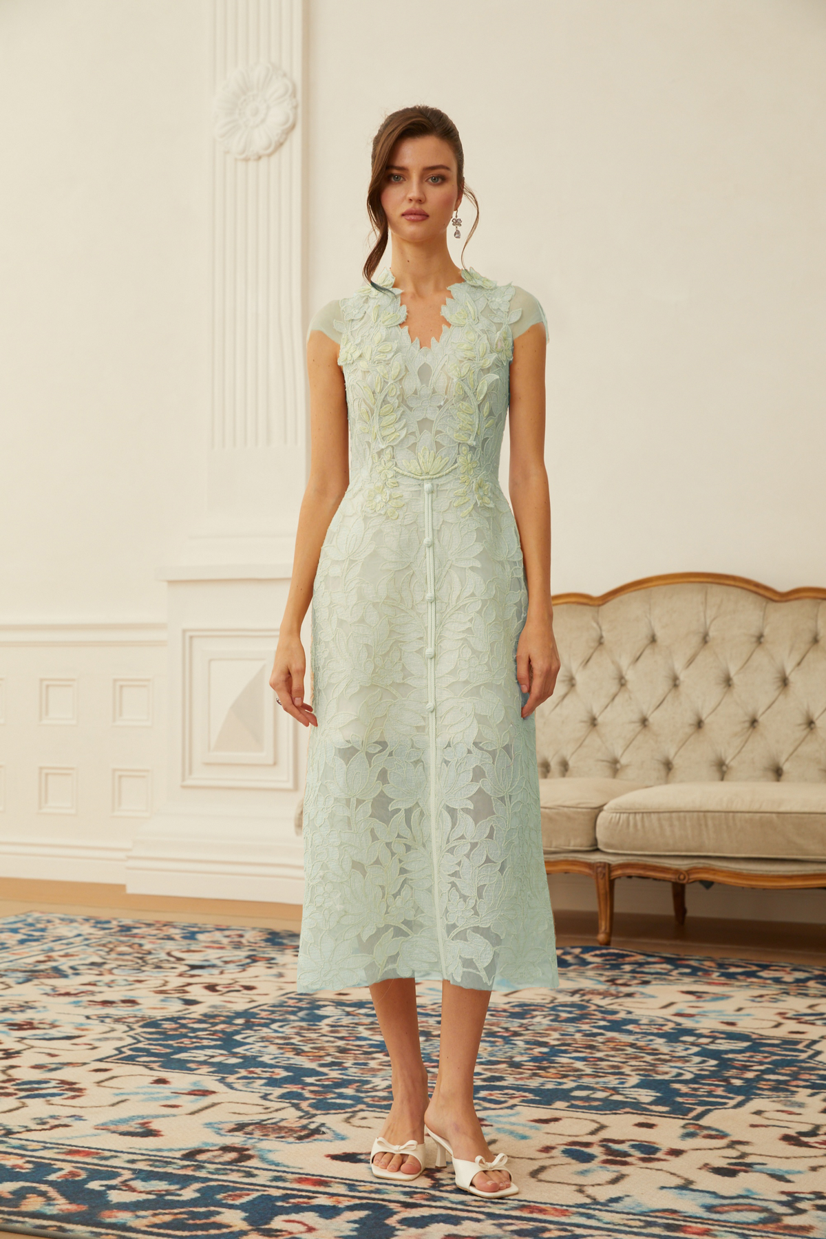 Linnea Green Floral Applique V-Neck Midi Dress