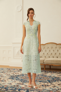 Linnea Green Floral Applique V-Neck Midi Dress