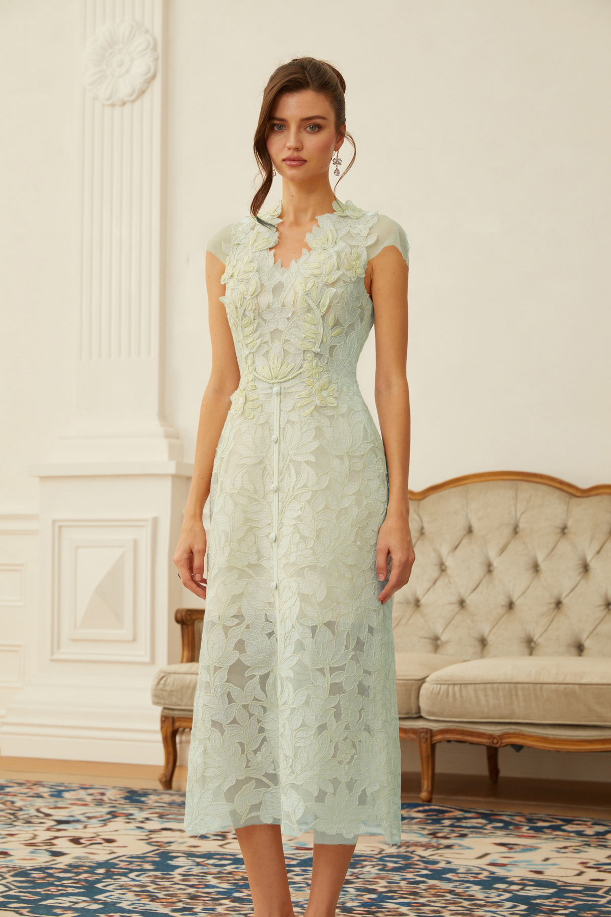 Linnea Green Floral Applique V-Neck Midi Dress