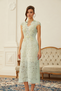 Linnea Green Floral Applique V-Neck Midi Dress