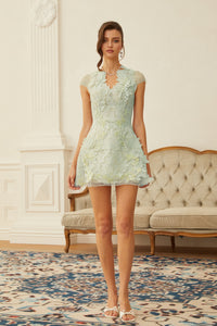 Linnea Green Floral Applique V-Neck Mini Dress