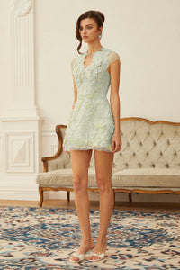 Linnea Green Floral Applique V-Neck Mini Dress
