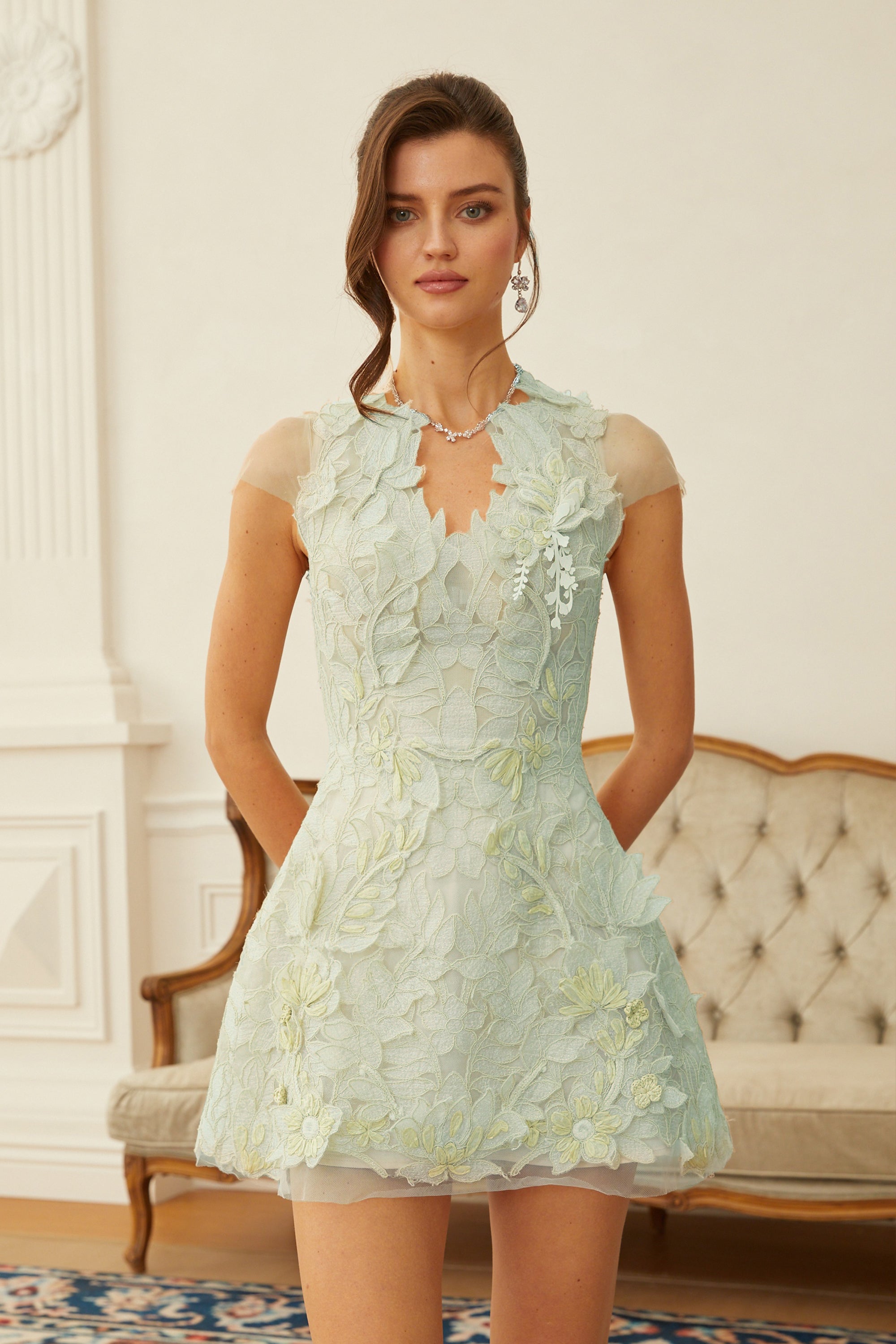 Linnea Green Floral Applique V-Neck Mini Dress