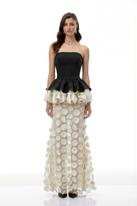 Lioren Black Off Shoulder Maxi Dress with Floral Applique