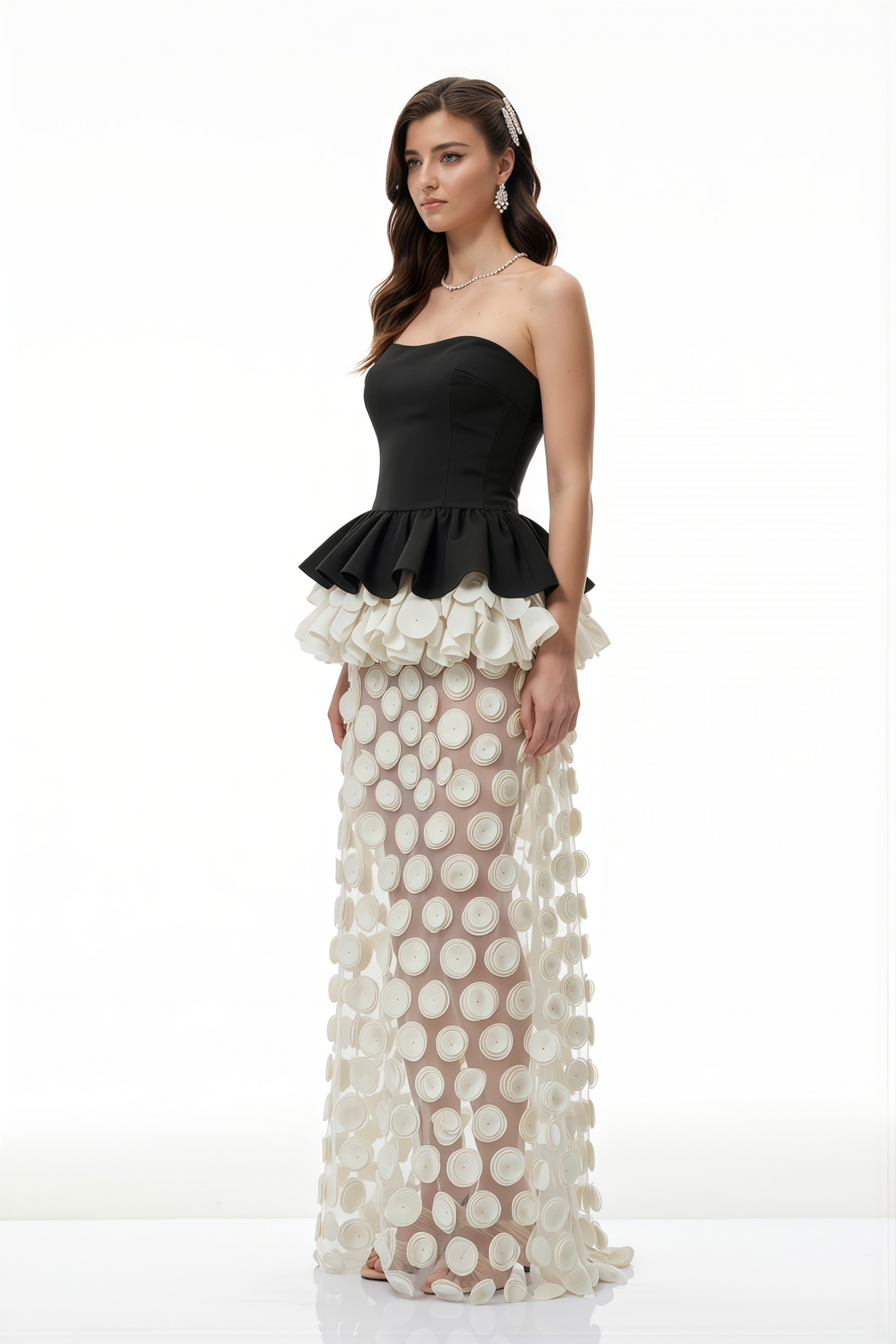 Lioren Black Off Shoulder Maxi Dress with Floral Applique