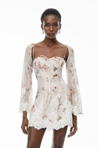 Lourdes Pink Floral Print Mini Dress with Lace Trim