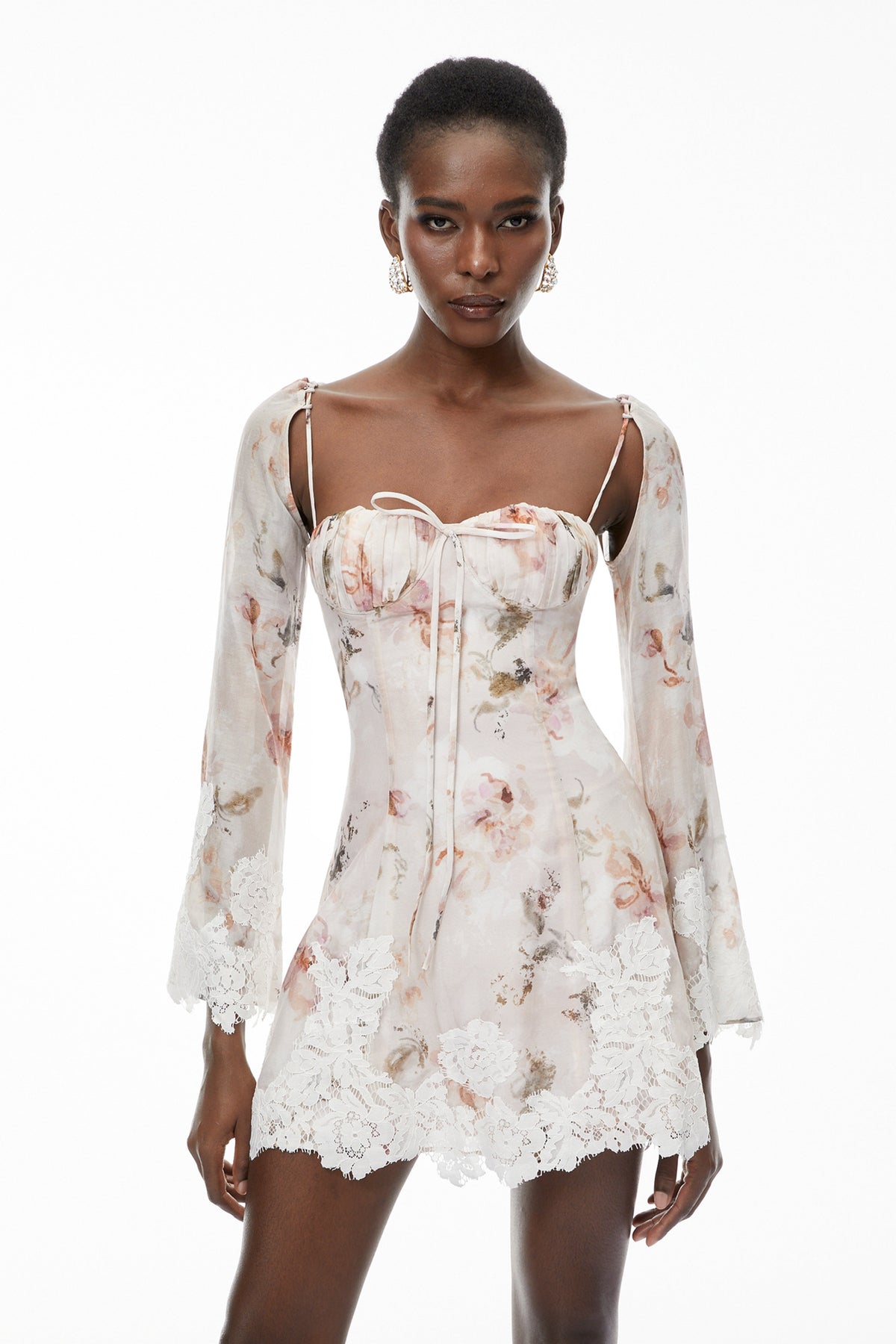 Lourdes Pink Floral Print Mini Dress with Lace Trim