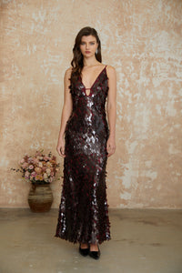 Lucyna Brown V-Neck Sequin Maxi Dress