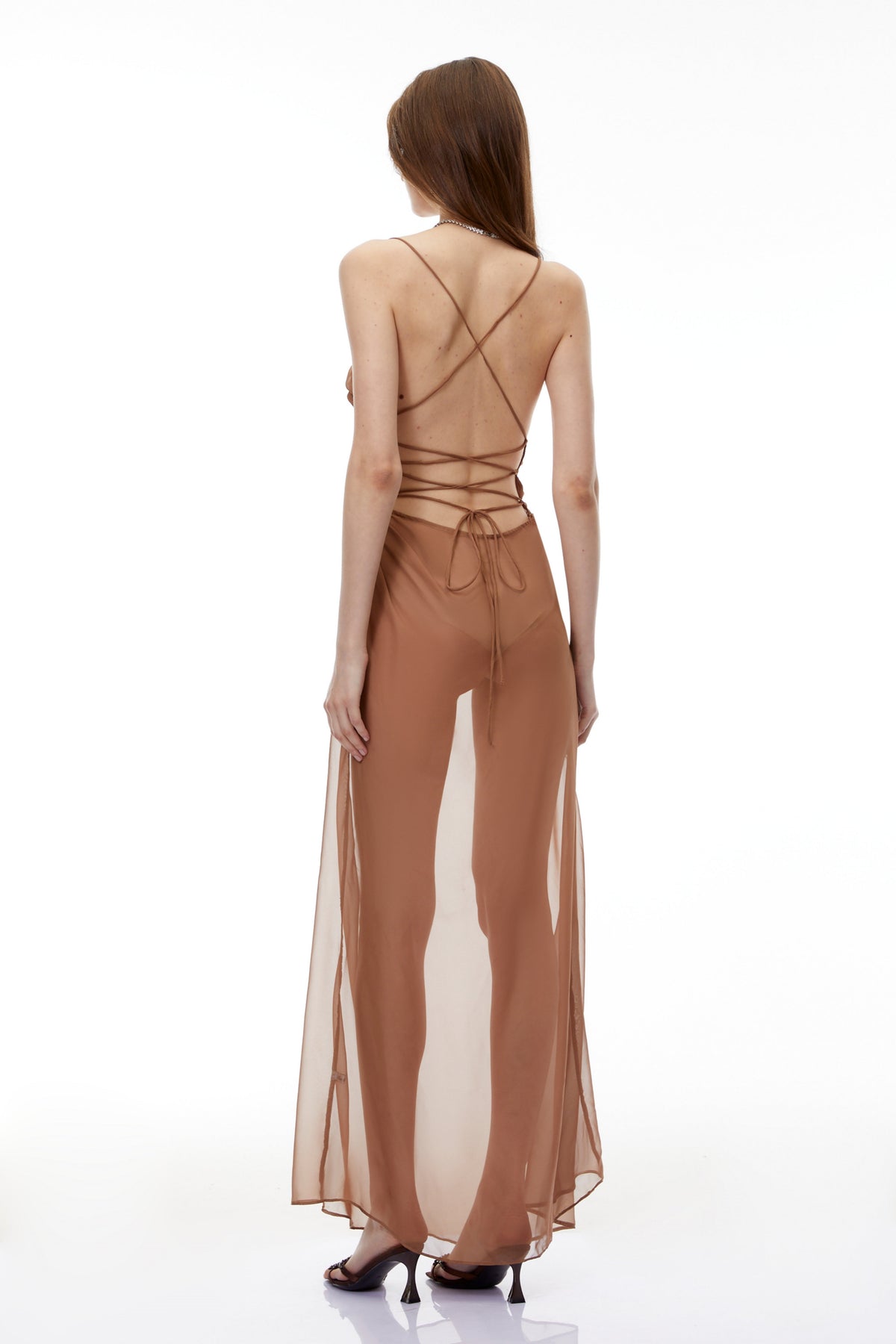 Ludmila Camel Semi-Sheer Ruched Maxi Dress