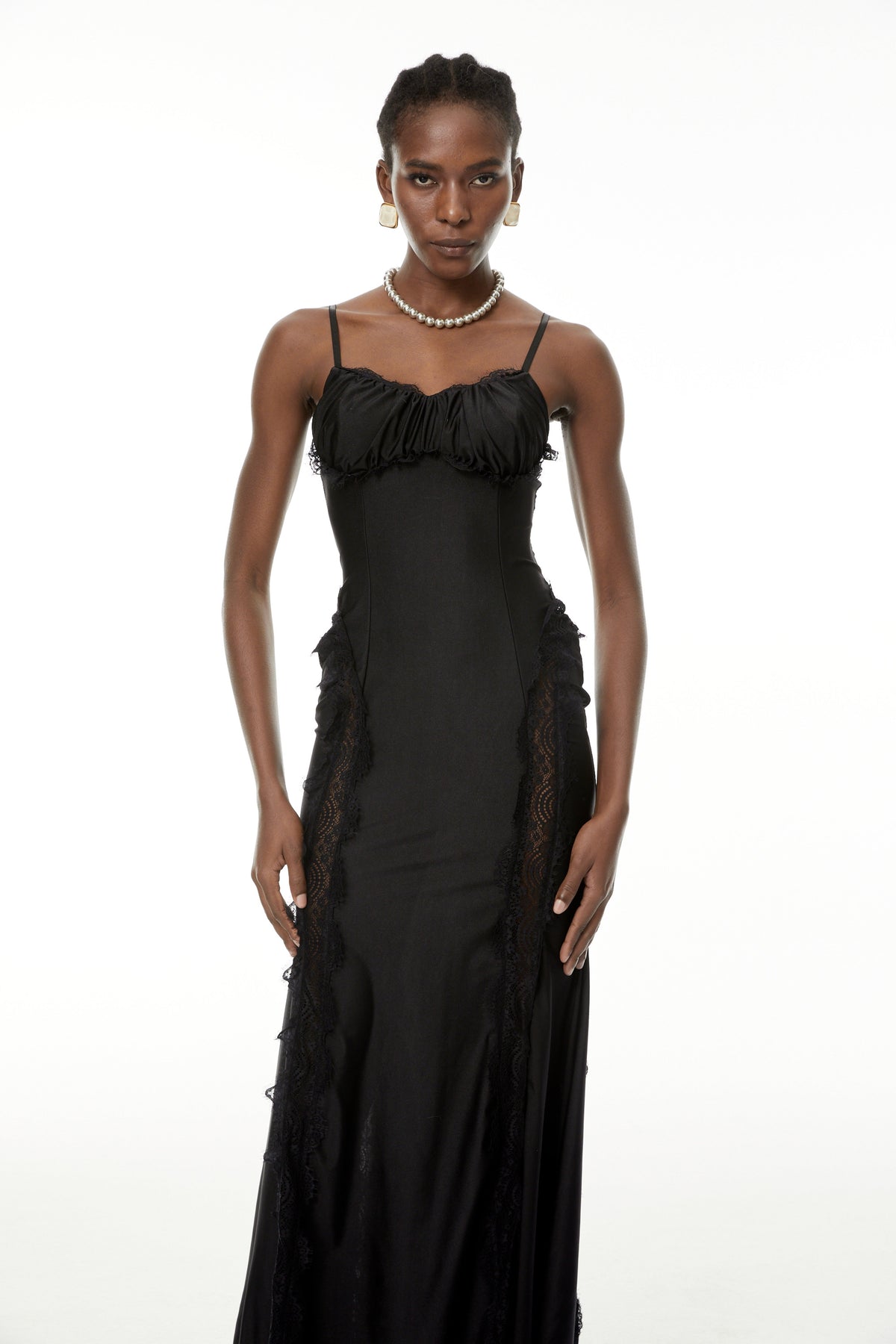 Luminița Black Lace Trim Corset Maxi Dress