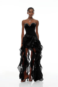 Lunetta Black Strapless Ruffled Maxi Dress