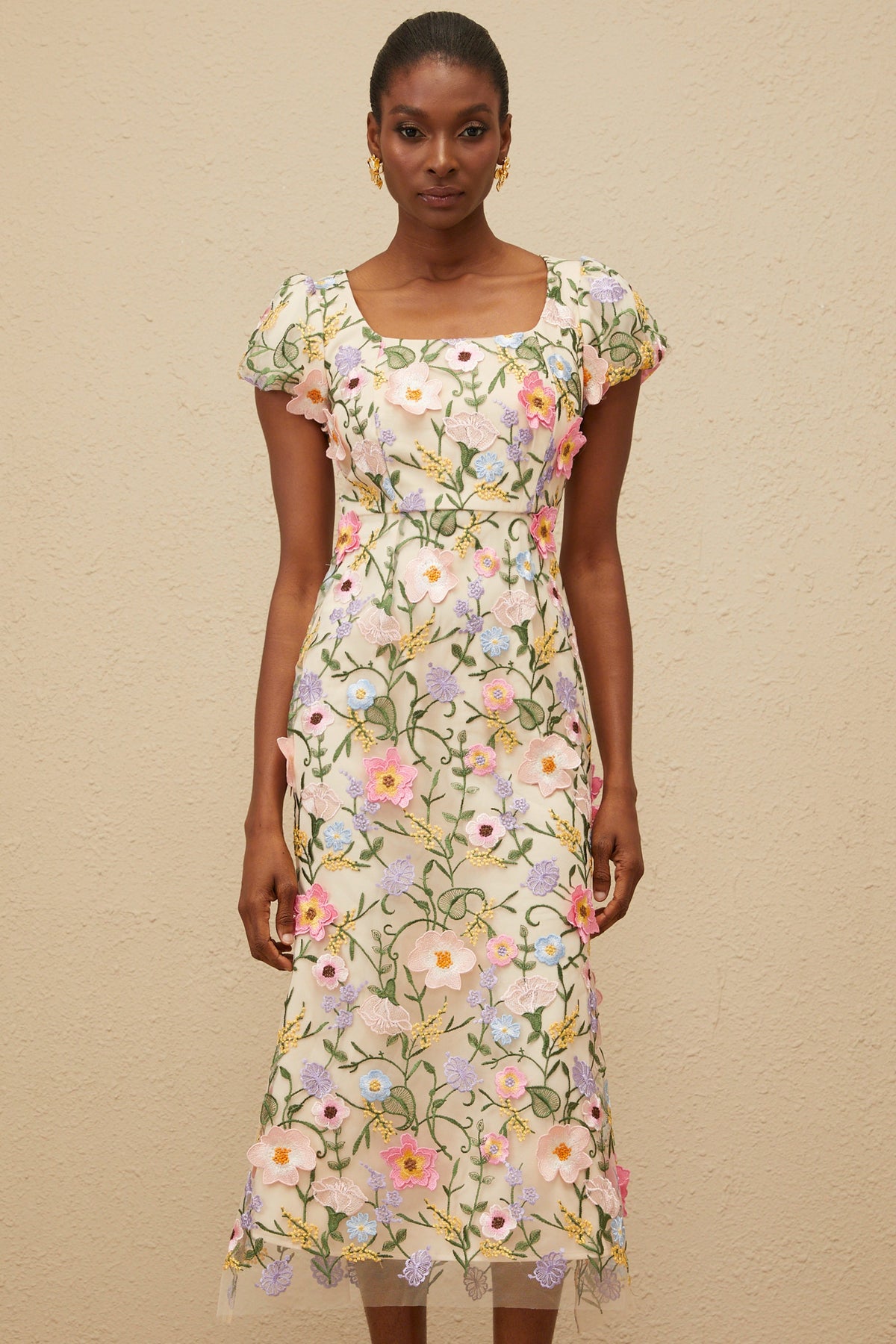 Enjouée Neutral Floral Embroidered Midi Dress