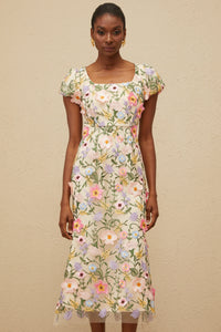 Enjouée Neutral Floral Embroidered Midi Dress