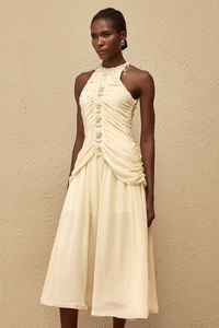 Martha White Faux Pearl Ruched Midi Dress
