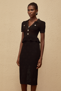 Theodora Black Crochet Knit Midi Dress