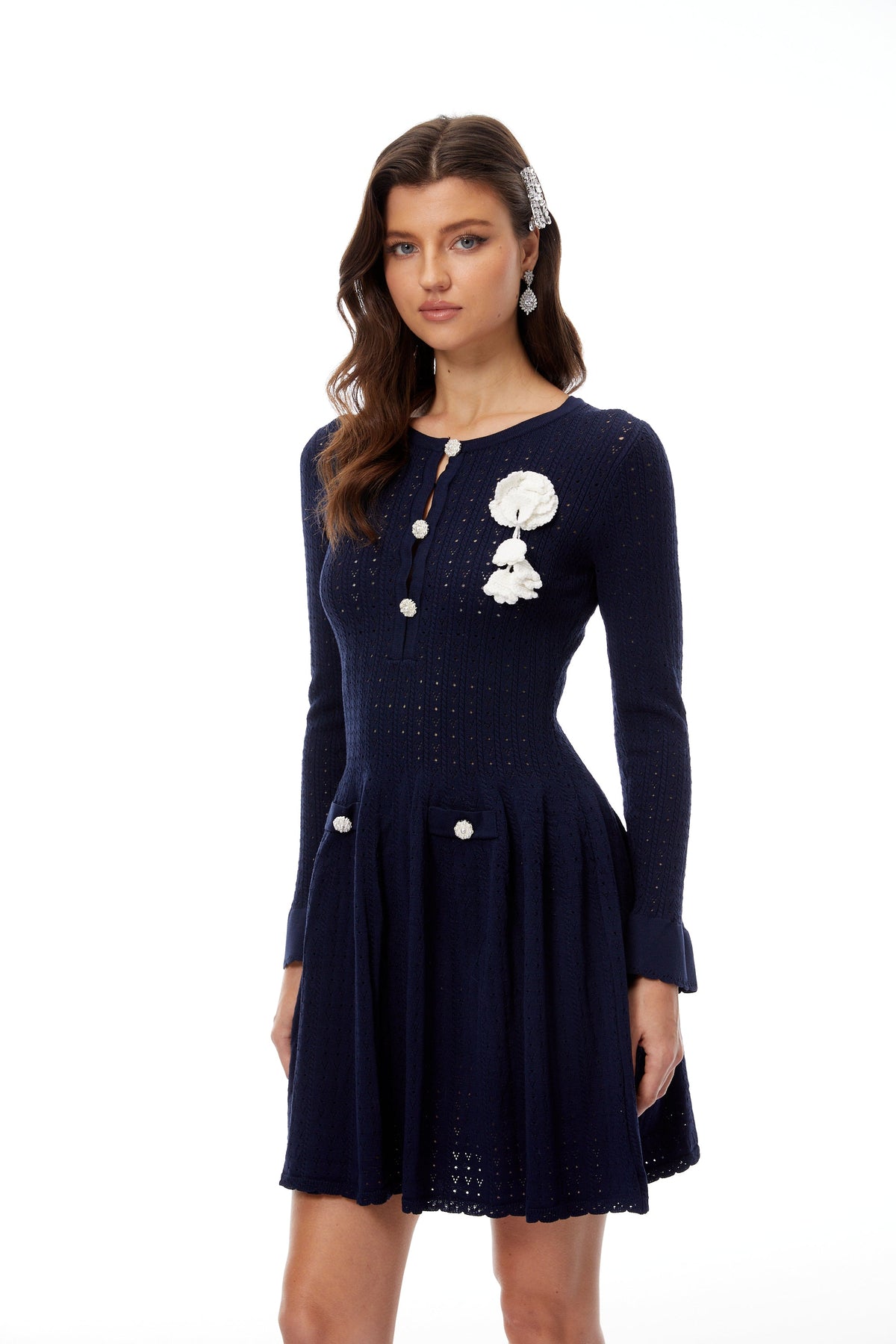 Roxane Navy Blue Pointelle Knit Mini Dress