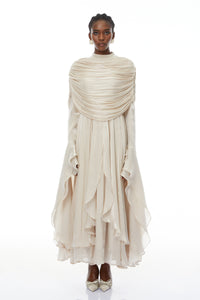 Gustave Neutral Ruched Cape Ruffled Maxi Dress