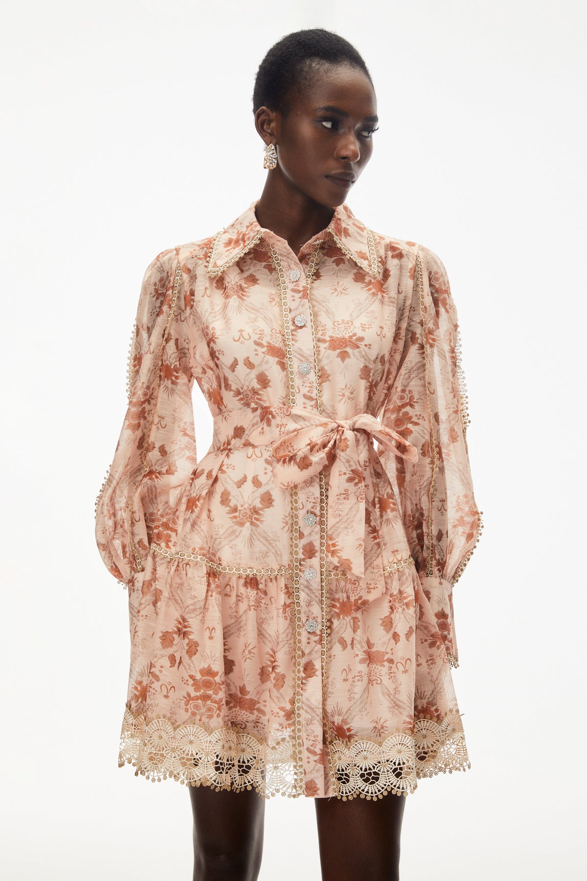 Maayan Pink Floral Print Mini Dress with Lace Trim