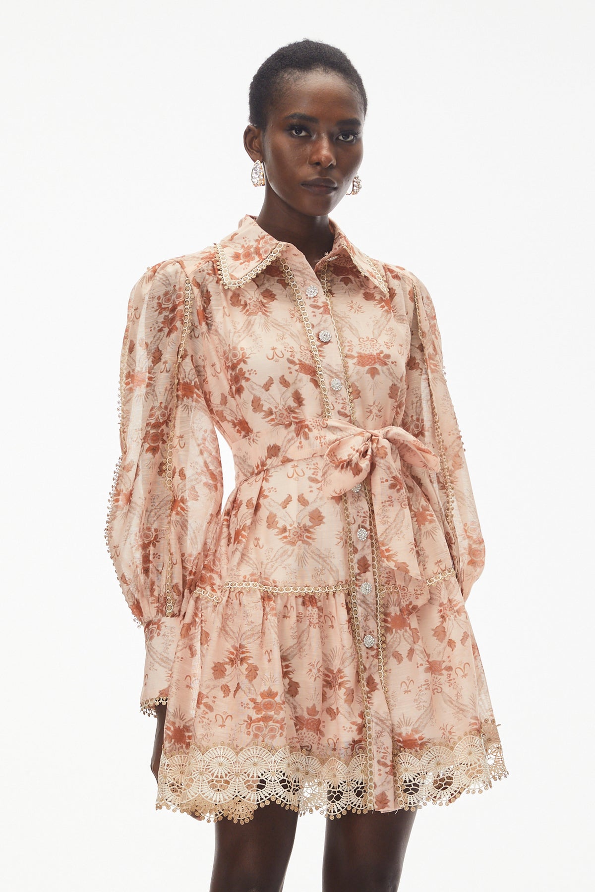 Maayan Pink Floral Print Mini Dress with Lace Trim