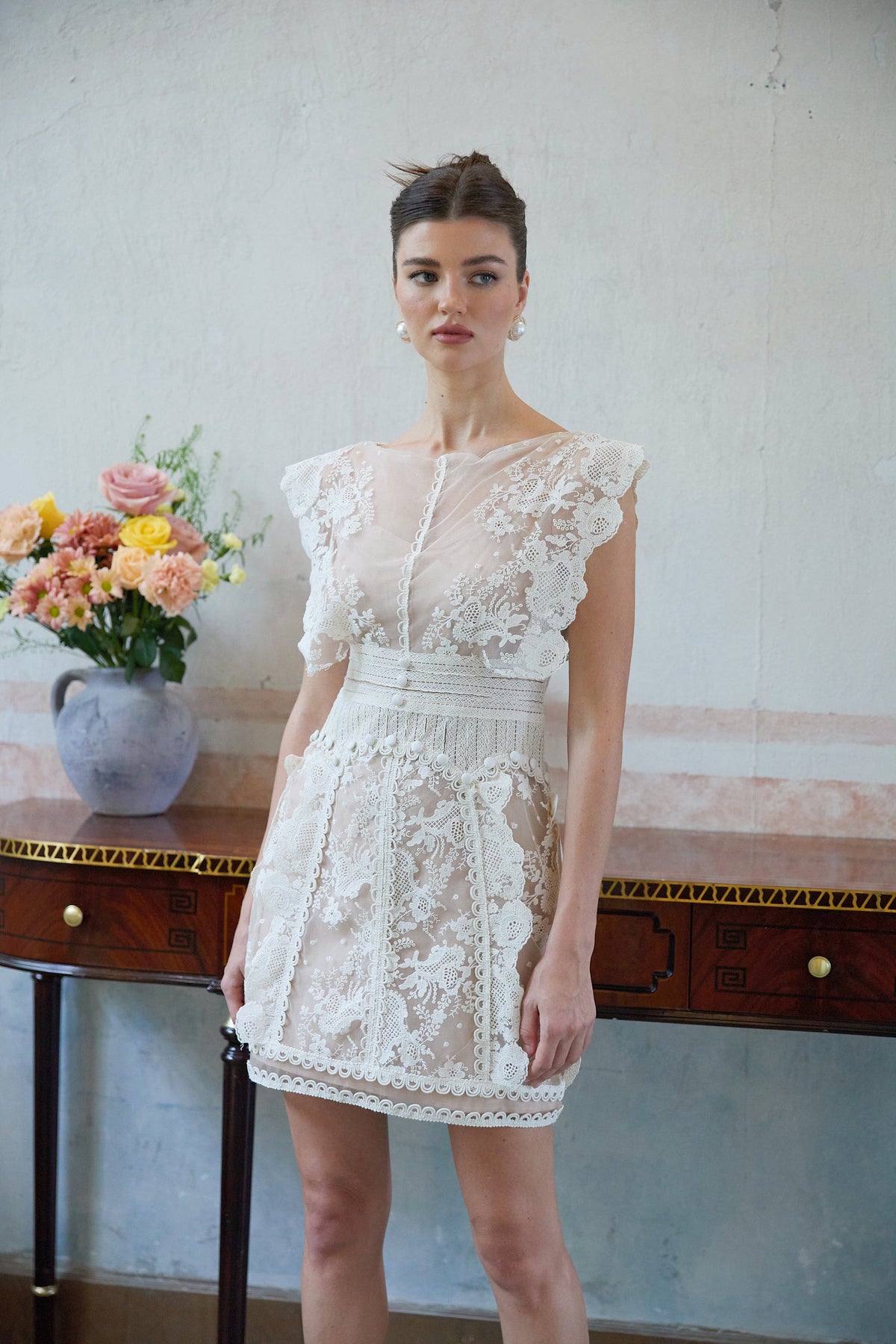 Maïa white floral-embroidered lace mini dress