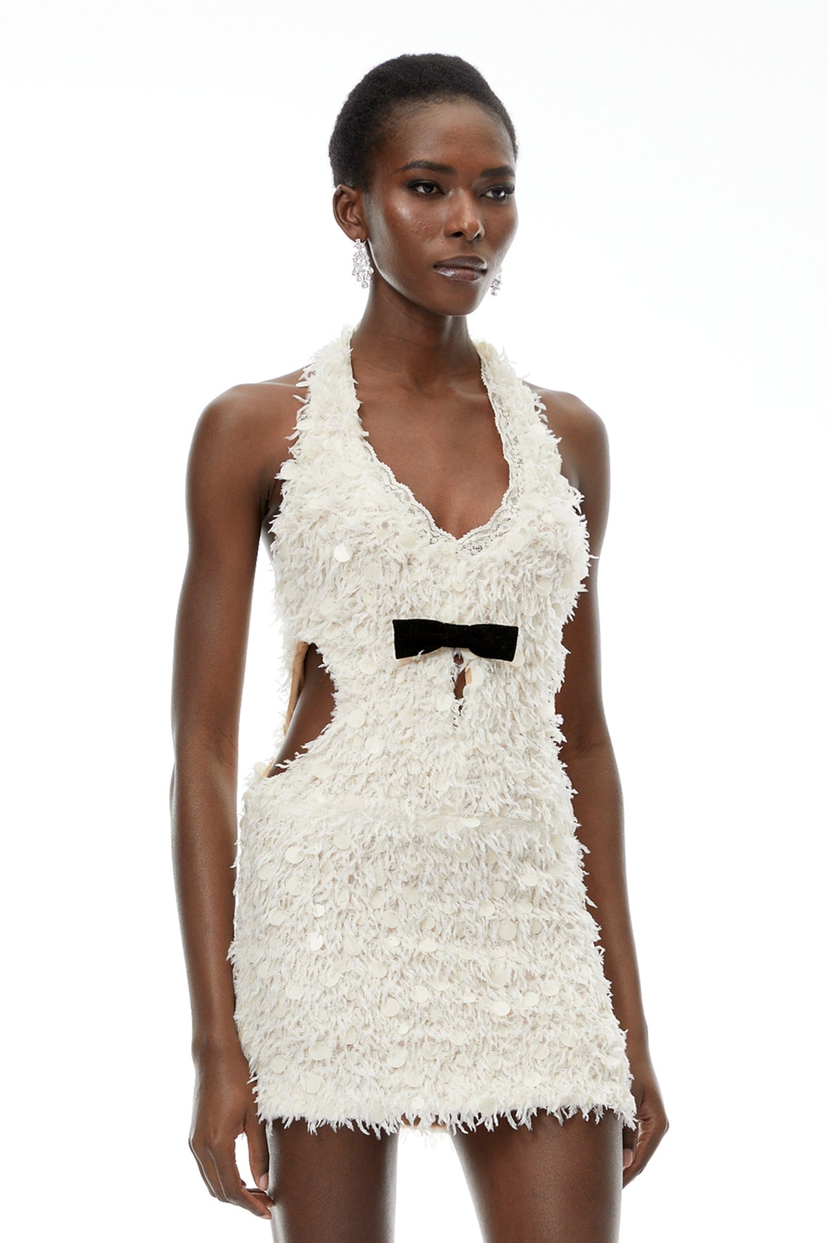 Maite Neutral Halterneck Mini Dress with Fringe